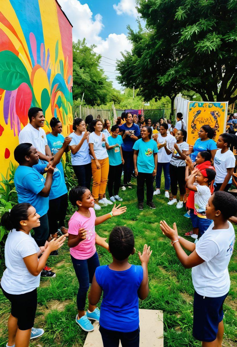 A vibrant community gathering with diverse individuals engaging in joyful activities, showcasing U46 initiatives like educational workshops and cultural events. Include bright murals depicting unity and collaboration, surrounded by greenery and community gardens. Capture the essence of shared happiness and empowerment, with smiling faces and children playing. super-realistic. vibrant colors. cheerful atmosphere.