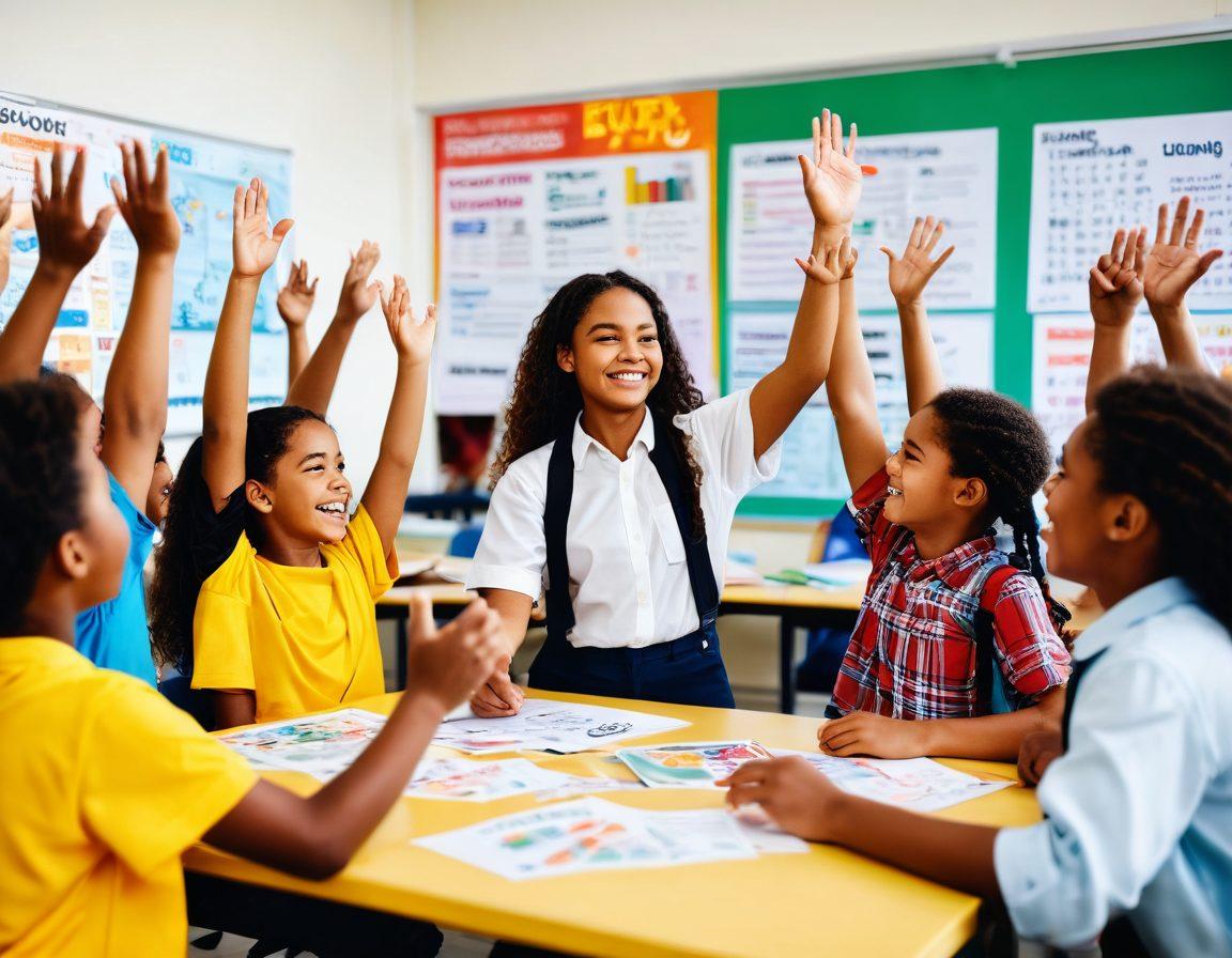 A diverse group of students actively engaged in a bright classroom filled with inspirational posters about education and happiness. One student is raising their hand enthusiastically, another is collaborating on a project, and a teacher is guiding them with a warm smile. The scene radiates positivity and support, highlighting the joy of learning and togetherness. super-realistic. vibrant colors. white background.
