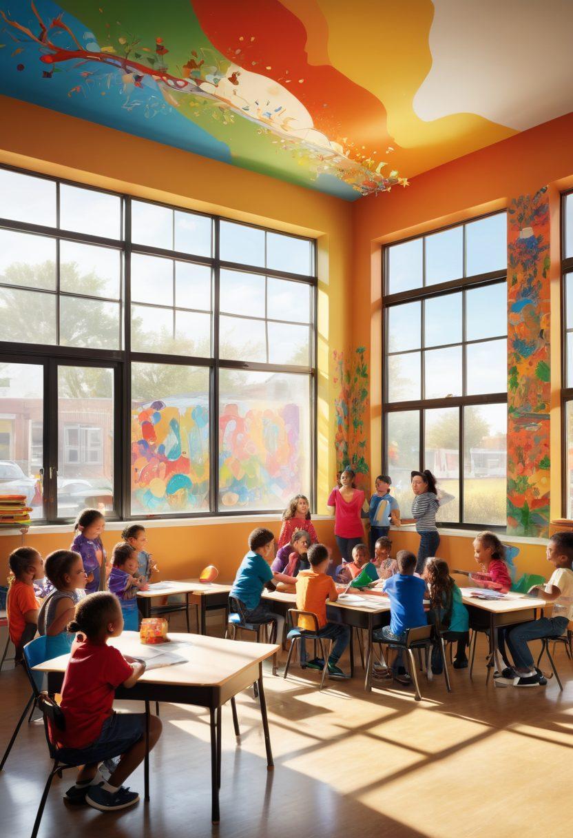 A vibrant classroom filled with diverse children engaging in joyful learning activities, colorful educational materials scattered around, a mural of a thriving community on the wall, warm sunlight streaming through large windows, and a teacher exuberantly guiding the students. super-realistic. bright colors. dynamic composition.